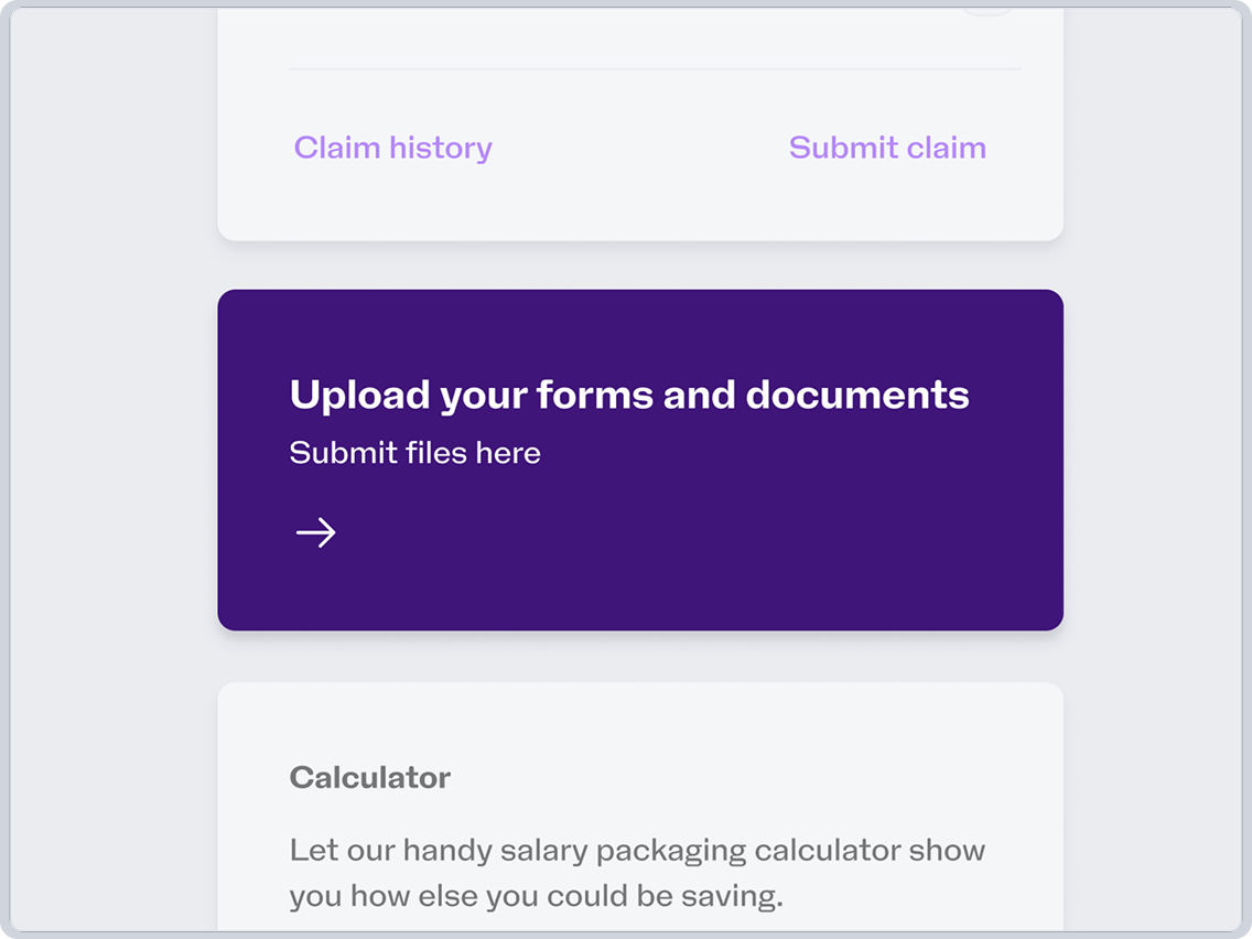 Claims and documents section with options to view claim history, submit claims, upload forms and access the salary packaging calculator