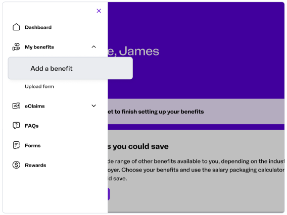 Benefits dashboard with navigation menu, welcome message, and prompts to set up salary packaging options
