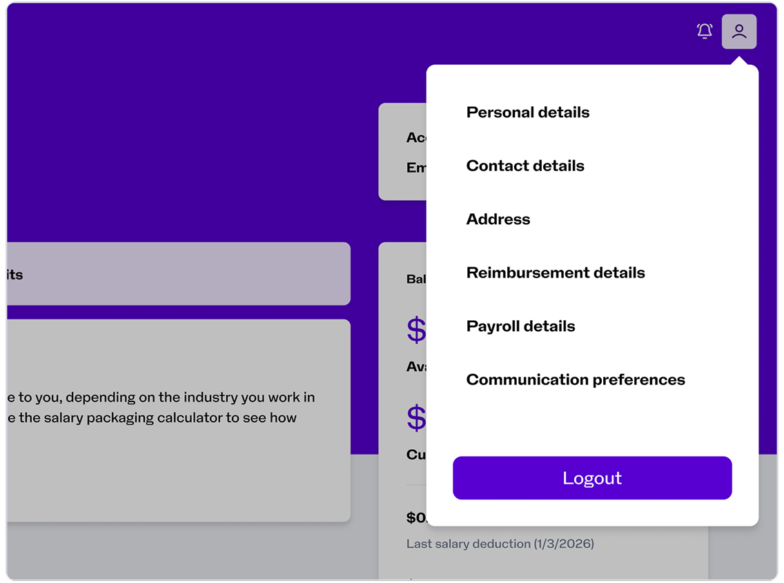 Menu for updating your details, including personal, contact, address, reimbursement, payroll and communication settings