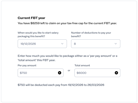 Salary packaging setup screen showing remaining tax‑free cap, start date, number of deductions and per‑pay or total amount options