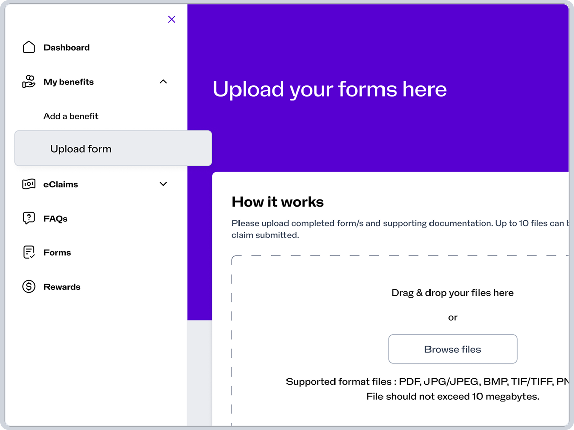 Upload form page with drag‑and‑drop file area, supported formats and instructions for submitting documents