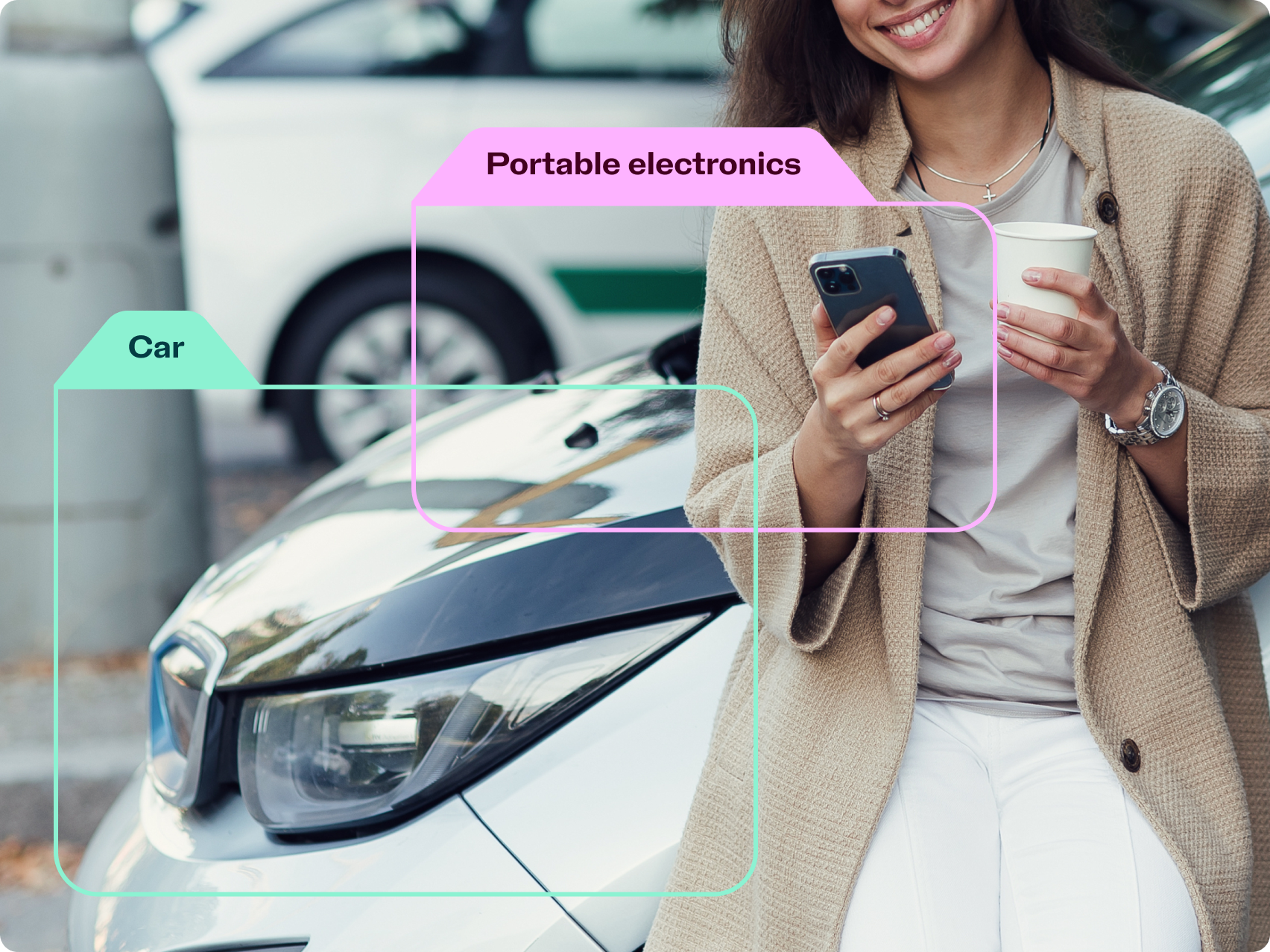 woman with phone and coffee portable electronics and car tabs